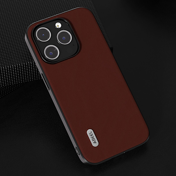För Iphone 15 Pro Stötsäkert phone case Kohud Läder + PC + Tpu Anti-Scratch cover Coffee