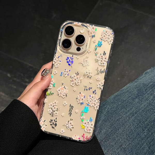 Deksel til iPhone 15 Pro Max Laser Blomst IMD PC+TPU Klar Telefondeksel Multicolor Style B