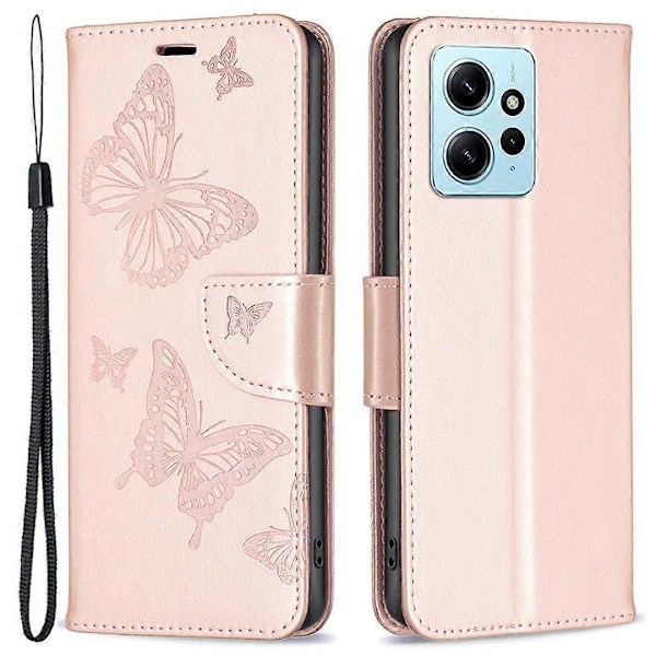 Wallet Stand Case til Xiaomi Redmi Note 12 4G Sommerfugl Præget Læder Telefon Cover med Rem Multicolor Style B