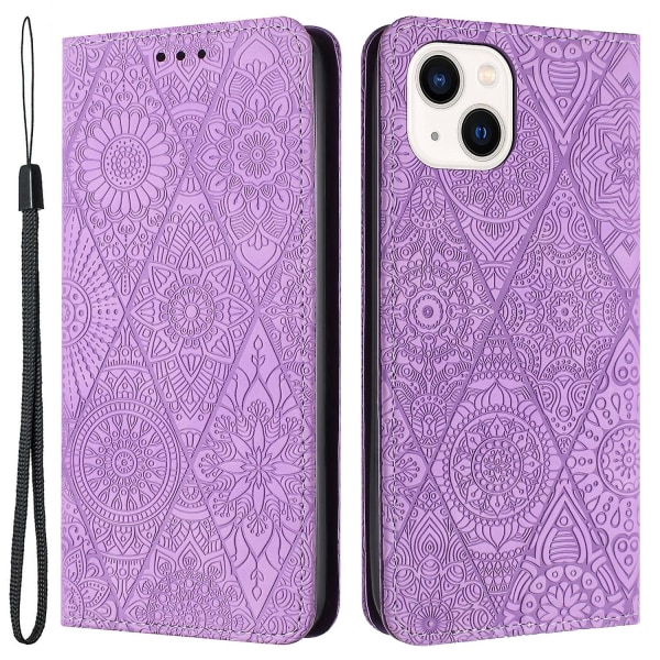 Wallet Case til iPhone 15 Plus Foldbart Stativ PU Læder Retro Blomsterpræget Telefoncover Purple