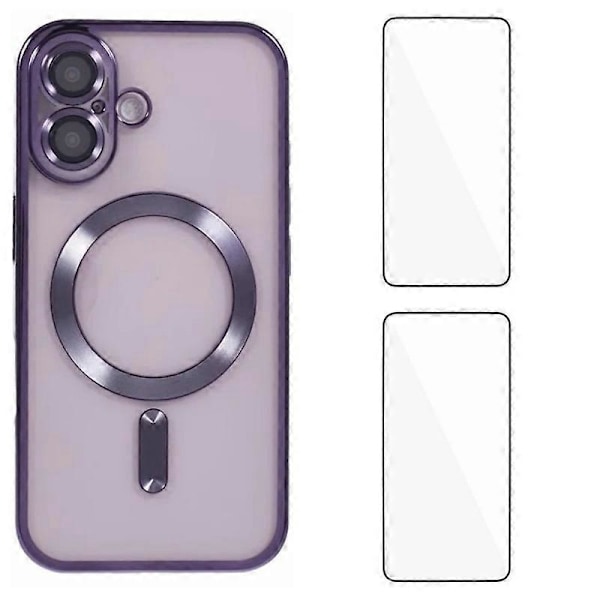 iPhone 16 Plus Magneettikotelo WANLONFENG Galvanoidulla TPU-kuorella ja linssisuojalla + 2 kpl karkaistua lasia Multicolor Dark Purple