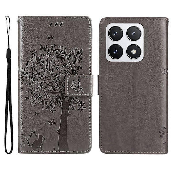KT Imprinting Flower Series-3 Fodral för Xiaomi 14T Pro Katt Träd Mönster Flip Läder Telefonskydd Multicolor Style E