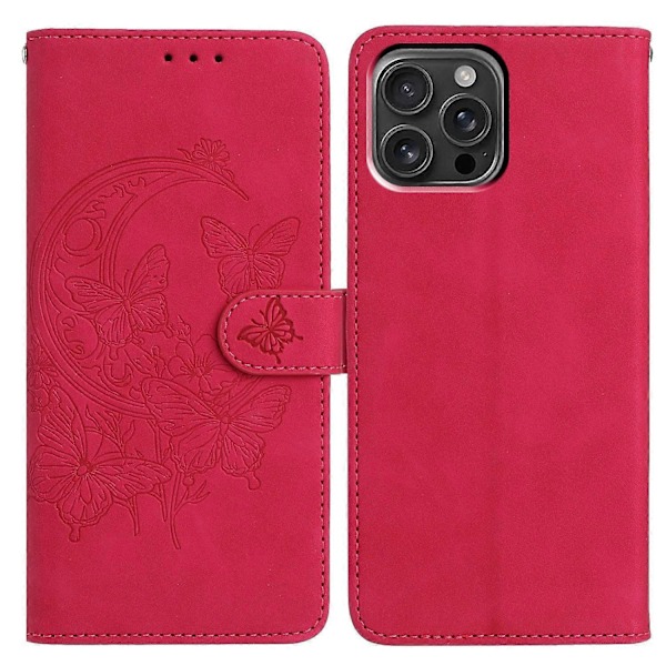 Fodral till iPhone 16 Pro Max med fjärils- och blomstermönster, PU-läder, plånboksställ Multicolor Rose