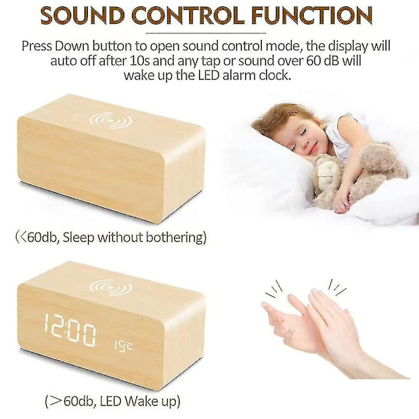 Digitalt Vækkeur i Træ med Trådløs Opladning, 3 Alarmer LED-Display, Lydkontrol og Snooze Dual til Soveværelse, Sengebord, Kontor bamboo