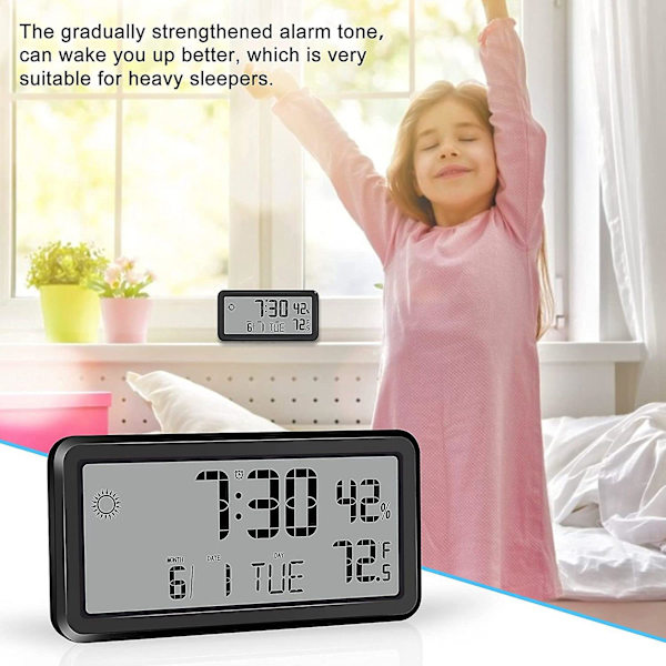 Vækkeur til soveværelse, digitale vægure, med dato, uge, indendørs temperatur og luftfugtighed, batteri Black