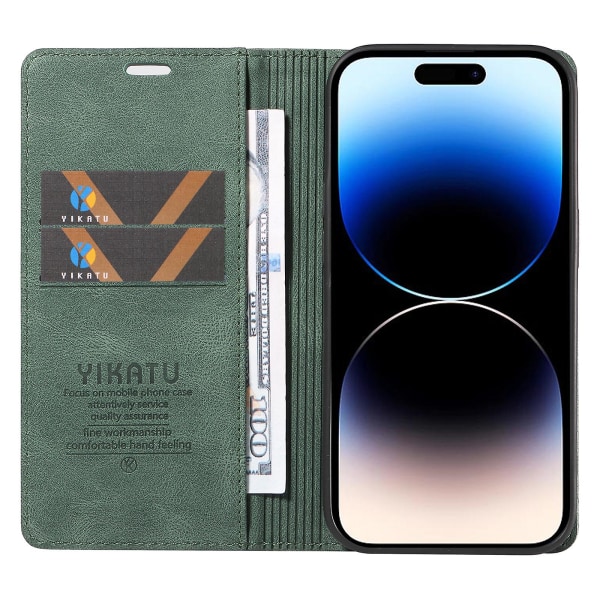 Til Iphone 15 Pro Max Hud-berørings PU Læder Shell Wallet Stand Telefon Cover Green