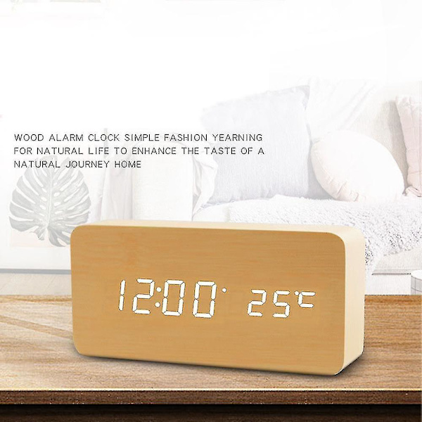 Betterlifefg-digitalklocka av trä - Multifunktions LED-väckarklocka med tid/datum/temperaturdisplay och röststyrning för hemresor, Bamboo Wood Co
