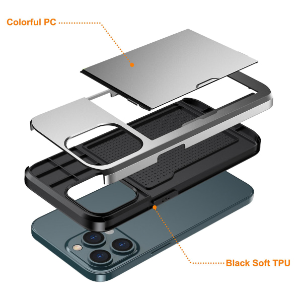 Telefondeksel med skyvbart kortholder for iPhone 15 Pro Max, ripebestandig TPU + PC-telefondeksel Grey