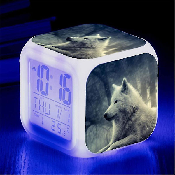 Wolf LED Vækkeur, Børns Sengelampe Vækkeur, Firkantet, Belyst LCD-display, Ulve Design (#18)