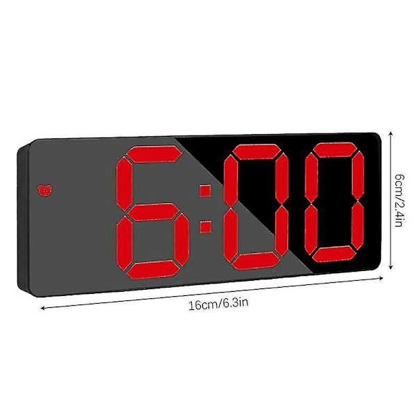 Vækkeur LED Display Digitalt Spejlvækkeur Batteri/Plug-in Vækkeur Red