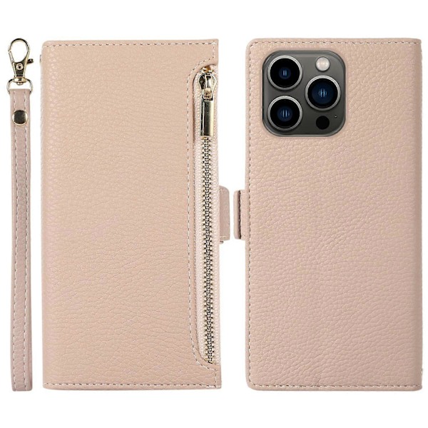 For iPhone 15 Pro Max Deksel Litchi Tekstur Glidelåslomme Lærdeksel med Stropp Multicolor Style A