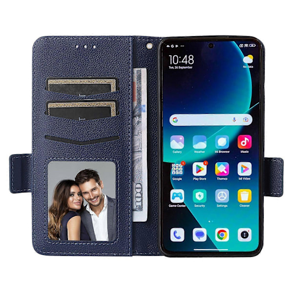 Til Xiaomi 14T Pro Etui Litchi Tekstur PU Læder Wallet Flip Telefon Cover - Grå Multicolor Dark Blue