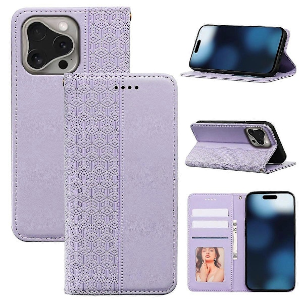Plånboksfodral för iPhone 16 Pro Stark Magnetisk Rutmönstrad Präglad Läder Flip Cover Multicolor Purple