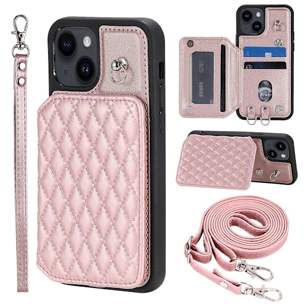 För Iphone 15 Plus Rfid Blockering Stötsäkert case Anti-drop Pu+tpu telefonskal med remmar Rose Gold