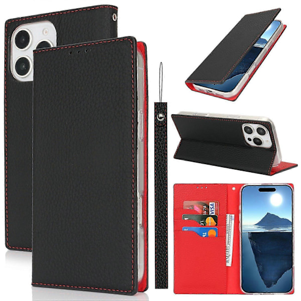 For iPhone 16 Pro Wallet Case Ægte Ko Læder Telefon Cover Litchi Tekstur Multicolor Style A