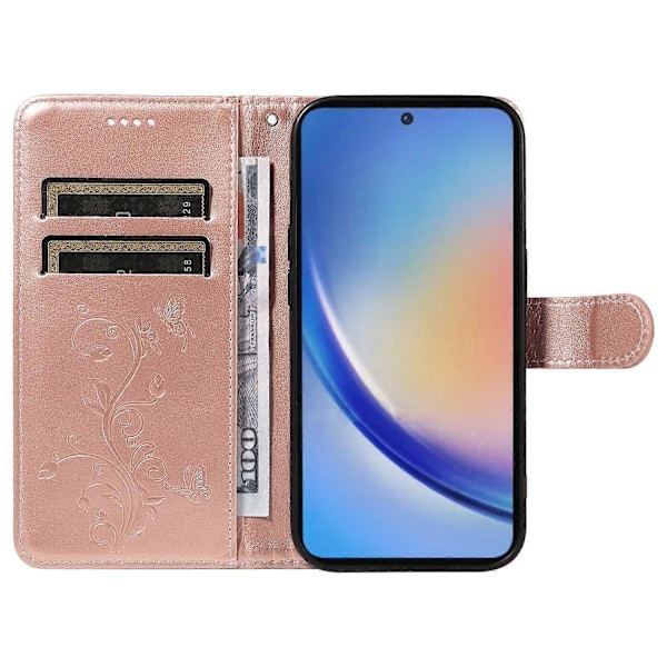 Til Samsung Galaxy A35 5G PU Læder Etuier Blomstermønster Pung Stativ Telefon Cover med Rem Multicolor Rose Gold