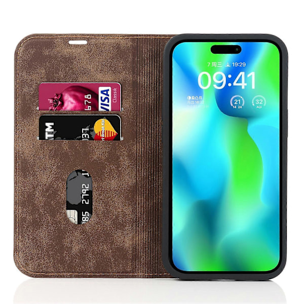 Til iPhone 14 Pro Max Etui PU Læder RFID Blokerende Magnetisk Auto-absorberende Cover Multicolor Light Brown