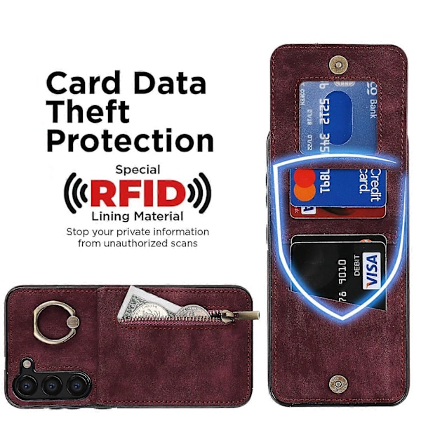 RFID-blokerende telefoncover med støttefod til Samsung Galaxy S23+ Retro PU+TPU lynlås pung telefoncover Multicolor Style C