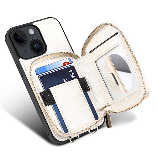 För iPhone 15 Plus Ställ Zipper Plånbok Baksida PU Läder+TPU Mobilskal med Kedjerem Multicolor Style A