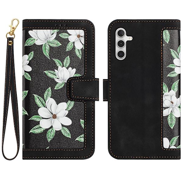 For Samsung Galaxy A34 5g Telefondeksel Blomstermønster Trykk Stativ Lærdeksel Med Kortspor Black
