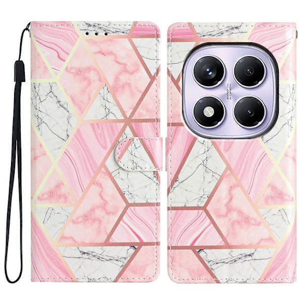Pung etui i PU-læder med mønstertryk og stativ til Xiaomi Redmi Note 14 Pro 4G med rem Multicolor Pink Marble