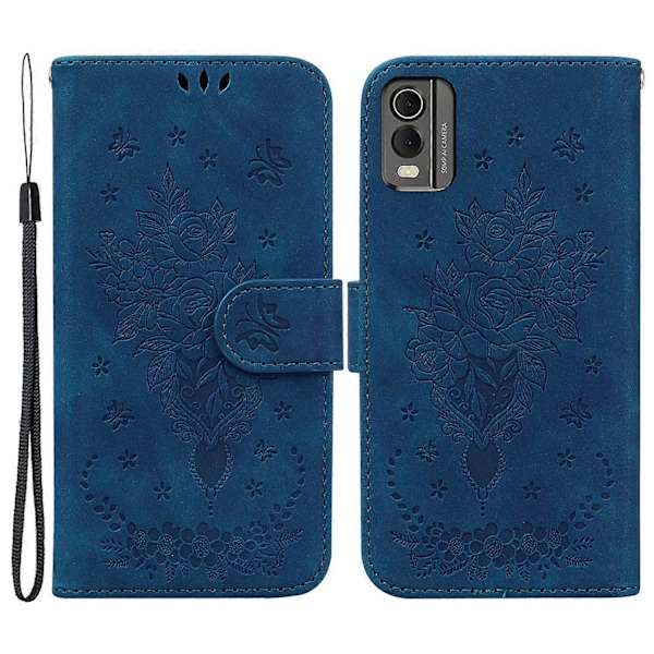 Plånboksfodral i Läder för Nokia C32, Rosfjäril Tryckt Fullt Skydd Mobilskal - Grön Multicolor Blue