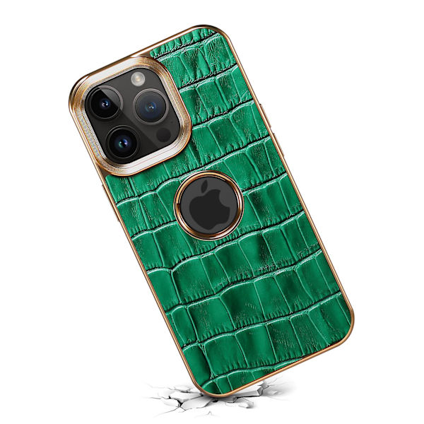 För Iphone 13 Pro Max Läderbelagd phone case Galvanisering Pc+tpu cover med logotypvy Green
