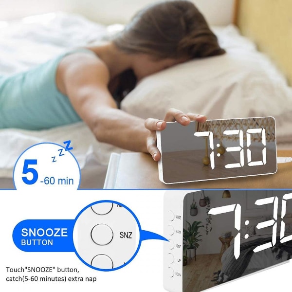 Digitalt Vækkeur Stort Spejl LED Ur Snooze Funktion Dæmpningstilstand Sengelampe Ur Til Soveværelsesindretning - hvid