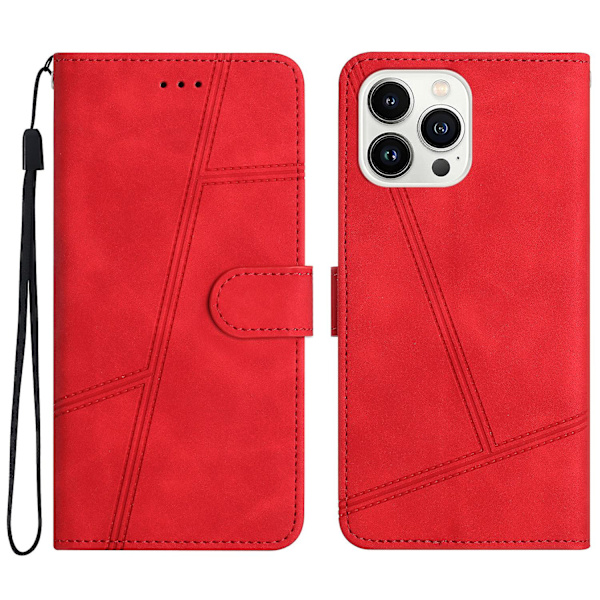 Retro PU læder wallet cover til Iphone 15 Pro - Hudvenlige linjer præget telefoncover med stativ Red