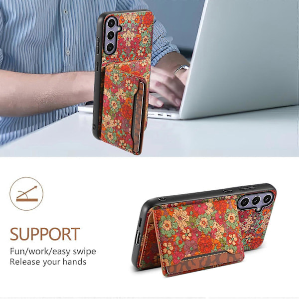 Samsung Galaxy S25+ -kotelo, kukkakuvioinen nahka + PC + TPU-suojus korttipidikkeellä ja jalustalla Multicolor Style B