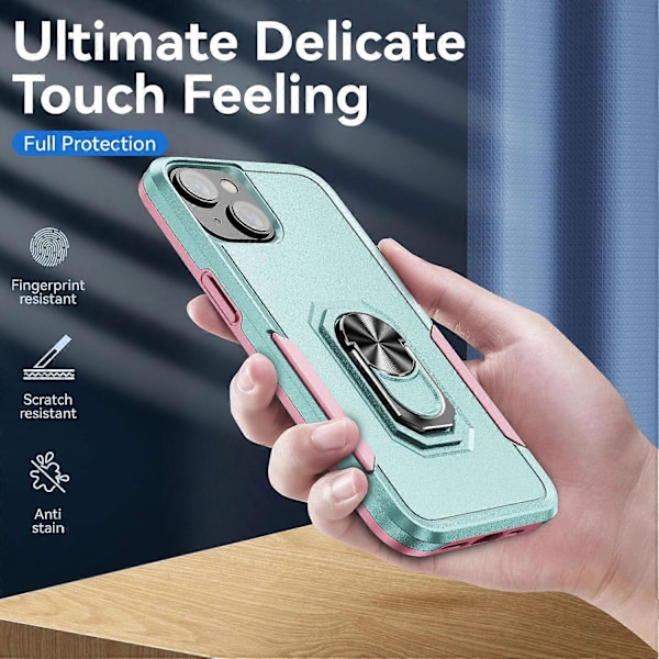 iPhone 15 PC+TPU Iskunkestävä Suojakuori Pudotussuojaava Puhelinkotelo Sormuksella ja Jalustalla Multicolor Style H