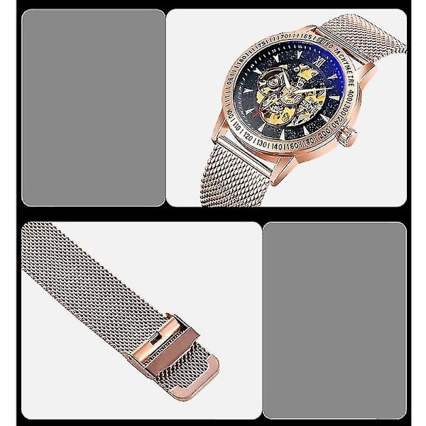 Skmei 9216 Men Sketon Automatic Mechanical Watch Rose Gold Shell Blue Noodle