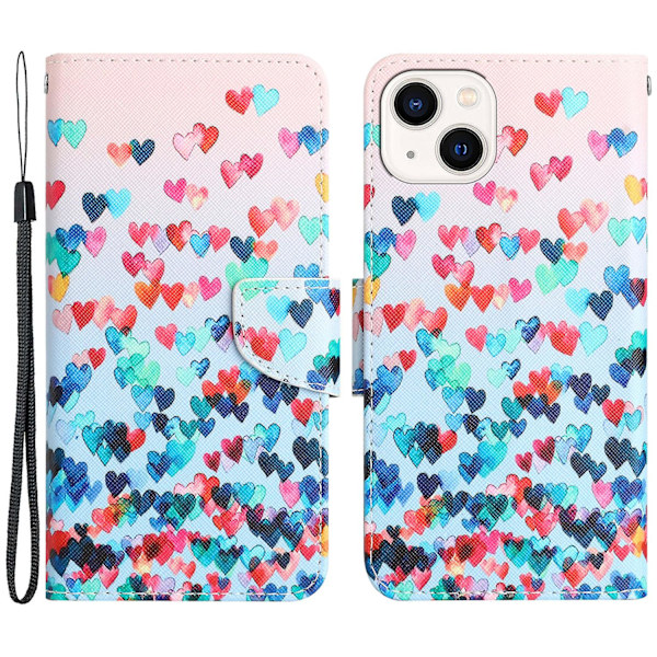 Til Iphone 15 Plus Folio Pu Læder Stand Wallet Case Mønster Print Telefon Cover Med Rem Love Heart