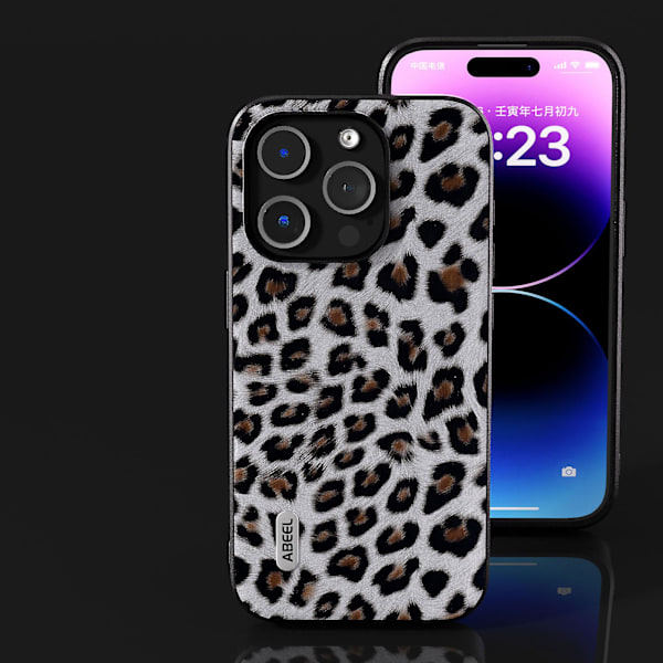 För Iphone 15 Pro Max Leopard Mönster Phone case Pu Läder + PC + Tpu Slim Cover Silver