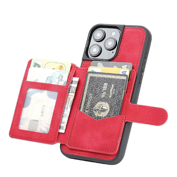 Til iPhone 16 Pro Max Etui Wallet Kort Slot TPU+PU Læder Bagside Telefon Cover - Navy Blå Multicolor Red