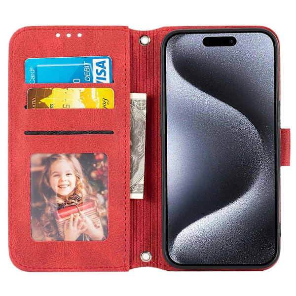 För iPhone 15 Plus Skal Präglat PU Läder Plånbok Anti-fall Telefonskydd med Rem Multicolor Style C