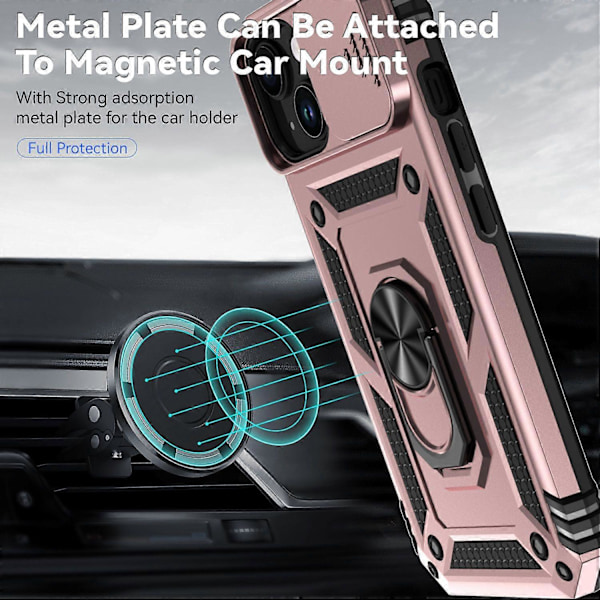 Skal med skjutbart kameraskydd för iPhone 15 Plus Fodral Metallring Ställ PC+TPU Skydd Multicolor Style D