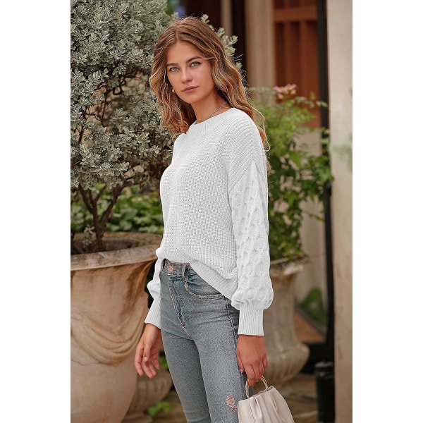 Dame 2023 Vinter Pullover Sweater Afslappet Langærmet Rund Hals Løs Tyk Strikket Jumper Toppe Bluse White X-Large