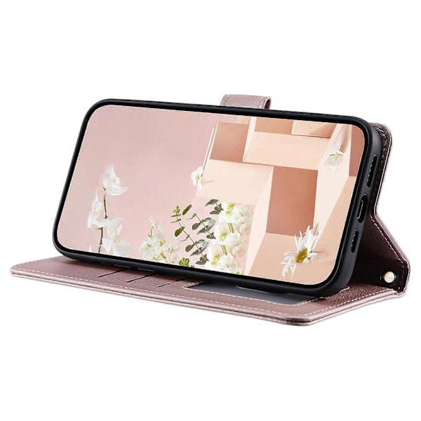 For iPhone 15 Plus Wallet Case PU Læder Cover Syning Rhombus Gitter Multicolor Rose Gold