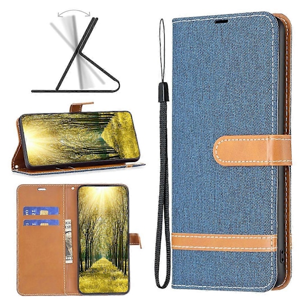 Læder telefoncover med pung og jeansstof til Xiaomi Redmi Note 13 5G Multicolor Navy Blue