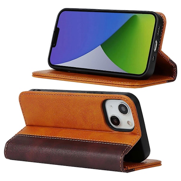 PU-skinndeksel til iPhone 15 Plus, tofarget skjøting, ripebestandig stativ lommebokdeksel Multicolor Style B