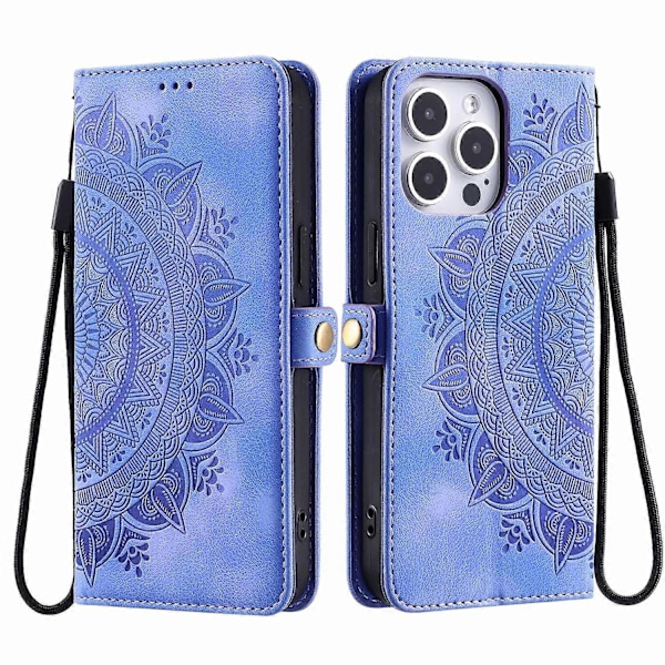 Tyyli 016 iPhone 16 Pro Max -kotelolle, ihon tuntuinen toteemikuvioitu lompakkonahkainen puhelinkotelo - Musta Multicolor Purple
