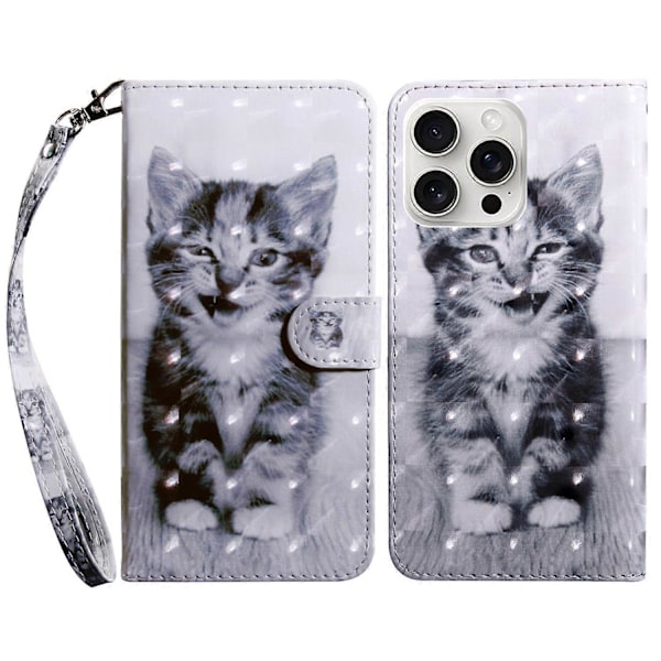 Til iPhone 16 Pro Etui Stativ Mønsterprint Læder Telefon Cover - Stående Multicolor Cat