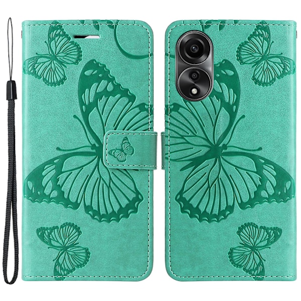Læder Etui til Oppo A78 4g, Tegnebog Stand Præget Sommerfugl Telefon Cover Green