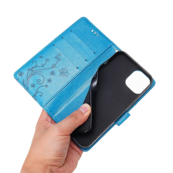 För Iphone 15 Plus Pu Läder Cover Phone case Imprinted Butterflies Shell Stand with rem Blue
