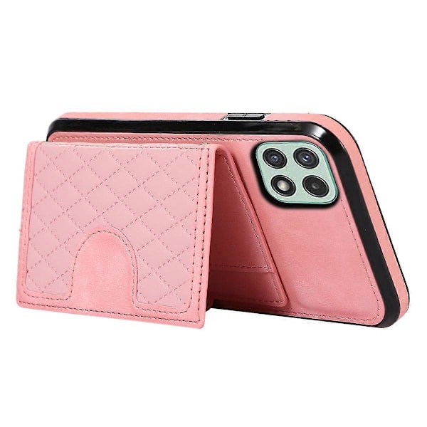 För Samsung Galaxy A22 5G Rhombus Grid Telefonfodral TPU+PU Läder Ställ Skal Multicolor Rose Gold