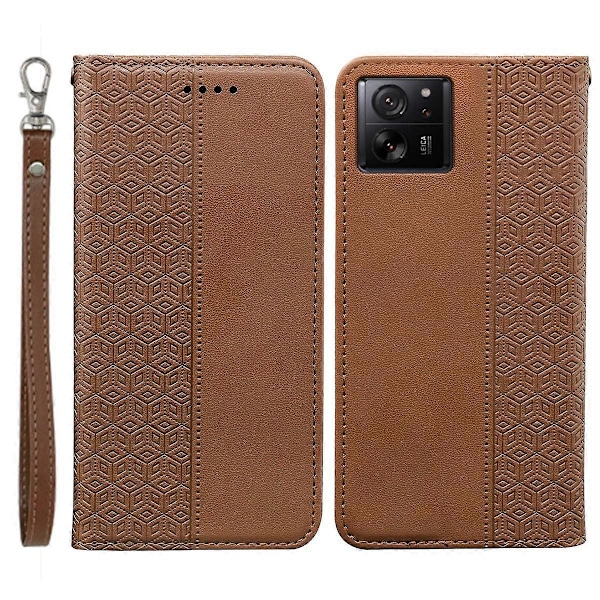 För Xiaomi 14T Plånboksfodral Stark Magnetisk Rutmönstrad Prägling Läder Flip Cover - Grön Multicolor Brown