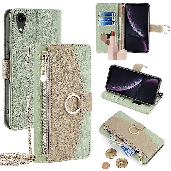 Til iPhone XR Etui PU Læder Telefon Cover Wallet Makeup Spejl med Skulderrem - Multicolor Green
