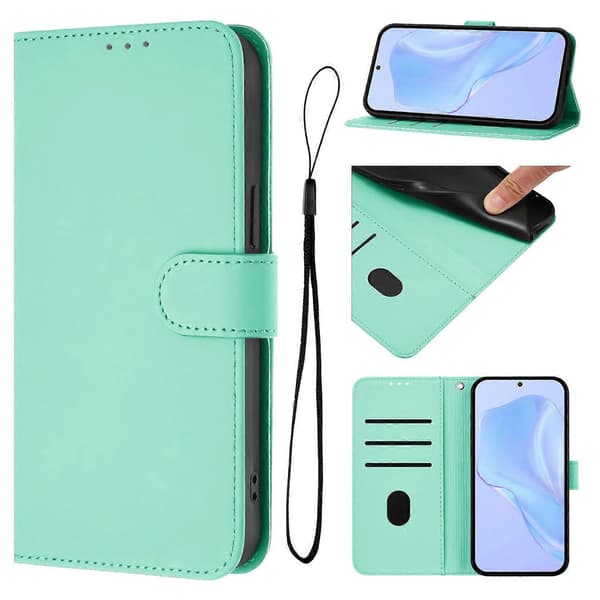 Solid farve tegnebog læder telefoncover med rem til Realme GT7 Pro Racing 5G Multicolor Mint Green