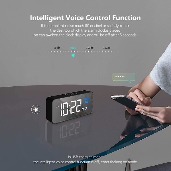 Digitalt vækkeur med stort LED-temperaturdisplay, bærbart spejlvækkeur med dobbelt alarm, Sort
